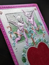 Beautiful Valentine Cupids Cloth Heart Silver Accents Pink & Purple Postcard picture