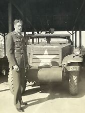 XF Photograph Handsome Military Man Poses Portrait Armored Vehicle 1940's picture