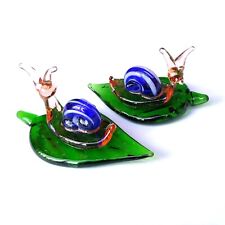 2 pcs Green Leaf Blue Snail Art Glass Handmade Lifelike Fairy Garden Ornaments picture
