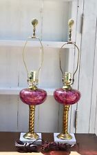 Pair Of Vintage Cranberry Glass And Brass Pedestal Table Lamps Good Condition picture