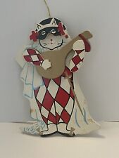 Vintage Jester Cat Christmas Ornament Cara Marks Hand Painted Wood 1988 Guitar picture