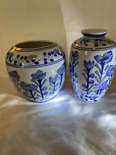 TWO Vintage Chinese Floral Vases/Jars, Blue Flowers/Green Leaves by Artmark picture