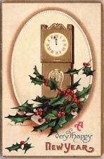 1914 HAPPY NEW YEAR Artist-Signed CLAPSADDLE Postcard Grandfather Clock / Holly picture