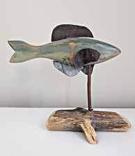 Primitive fish sculpture wood carved rustic rusty metal on stand driftwood folk picture