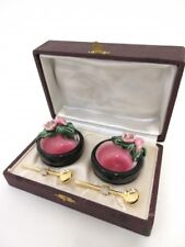 Cute French Vintage Salt pepper Condiment set faience roses in box w spoon 1960  picture