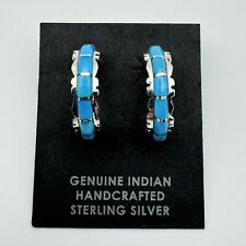 Zuni Pueblo Sterling Silver Turquoise Hoop Earrings Native American Jewelry New picture
