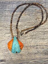 Vintage  Santo Domingo Turquoise Inlay Shell  Heishi Bead Pendant Necklace picture