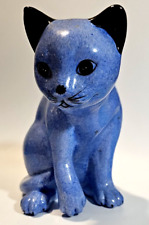 Vintage Calico Cat Blue Speckled Porcelain Paw Raised 6.25