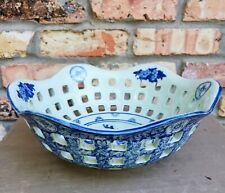 Beautiful Vintage Asian Ceramic Woven Fruit Bowl Blue And White w Scalloped Edge picture