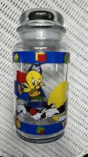 Vintage 90s Looney Tunes 1995 Glass Candy Allover Jar Lid Sylvester Tweety Taz picture