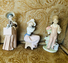 Lladro figurine lot of 3 cute girls with flowers, bonnet, puppy, bird.  *Read* picture