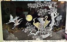 Vintage Lacquer Mother of Pearl Inlay Wall Art Cranes Birds In Flight SIGNED picture