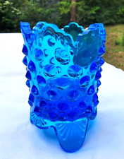 Fenton Art Glass Vintage Blue Hobnail Toothpick Holder with sticker  3” picture