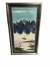 Vintage Framed Asian Painting Of Boat on Rice Paper 15.5x9 ~ Signed picture