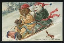 CHROMOLITH PC c.1908 FANTASY DRESSED BEARS SERIES TOBOGGANING by Tuck No.118 picture