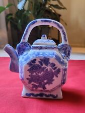 Vintage Chinese Porcelain Blue White Octagonal Teapot Hand Painted 6.5