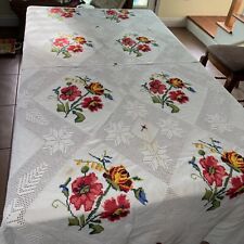 VINTAGE EMBROIDERED CROSS STITCH WHITE TABLECLOTH FLORAL COTTON 56”x 102” picture