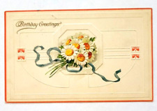 Embossed Birthday Greetings Postcard Raised Flowers Ribbon Germany vintage  picture