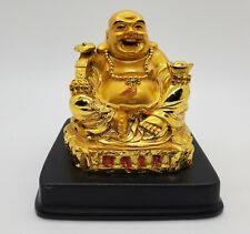 Gold Laughing Buddha Sitting on Loong Chair Statue Sculpture Wealth Luck Matreya picture