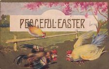 Peaceful Easter Postcard Rooster Fight Hen Sitting on Fence picture