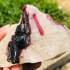 750g Natural Dark Red Tourmaline Quartz Crystal Mica Symbiont Mineral Rough picture