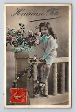 c1907 RPPC French Hand Colored Portait of Young Girl & Flowers Postcard picture