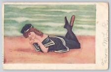 Postcard Bathing Beauty In Sailor Suit Sultry Look On Beach Ocean Antique 1907 picture