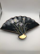 Yamaji Trinket Dish Fan Iris Dragonfly Black Porcelain Cloisonné Style picture