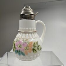Antique Milk Art Glass Syrup Pitcher Hand Painted Flowers picture