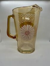 Vintage Glass Pitcher Flower Daisy & Dots Iridescent Amber Glass White Flower picture
