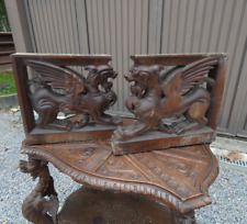 pair antique wood carved cabinet ornaments dragons mythological statue picture