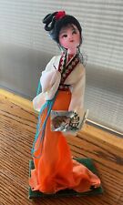 Vintage Chinese Doll With Orange Skirt And Holding Painting 11” Tall Black Base picture