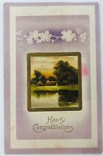 Vintage Hearty Congratulations Embossed Postcard Flower Country Water Scene 1910 picture