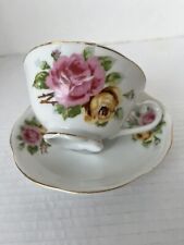 Vintage Pink And Yellow Roses On White With Gold Trim Tea Cup and Saucer Set picture