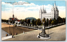 Temple Block and Brigham Young Monument Salt Lake City Utah Vintage Postcard picture