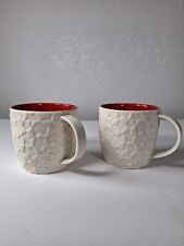 2011 Starbucks Embossed White Red Snowflake Holiday Coffee Mug Geometric 2pc Set picture