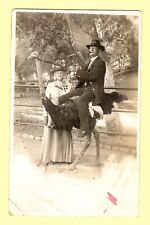 Man Posing Riding Ostrich & Woman Standing Photo Props 1904-1918 Postcard RPPC picture