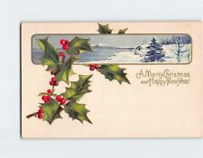 Postcard A Merry Christmas and Happy New Year with Hollies Embossed Art Print picture