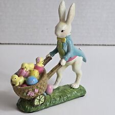 White Easter Bunny Rabbit Cart Wheelbarrow Figurine Anthropomorphic Chicks Eggs picture