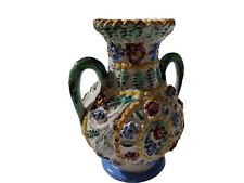 Antique Encrusted Textured Handpainted ColorPorcelain Flower jar +Handles Signed picture