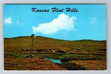 Flint Hills KS-Kansas, Windmill and Cattle Pastures, Vintage Souvenir Postcard picture
