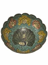 Vintage Brass Cloisonne Peacock Floral Relief Bowl Painted Enamel Scalloped 4.5” picture