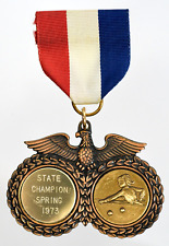 Vtg 1973 Girls Billiards State Champion Medal Award Pin on Ribbon Americana   S1 picture