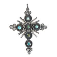 Vintage Zuni silver snake eye turquoise cross pendant picture