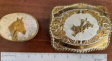 His n Hers Crumrine Belt Buckles, Silver Plate, Rodeo, Bull Riding Horse, Cowboy picture