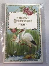 Vintage Antique 1910 Stork Bird Baby New Born congratulations postcard Litho picture