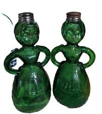 RARE Merry Maids Green Glass Salt &Pepper Shakers Vintage picture