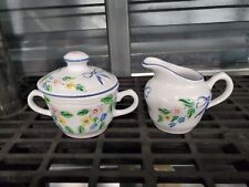 Herend Village Pottery Creamer & Covered Sugar Blue Bows Floral Hungary picture