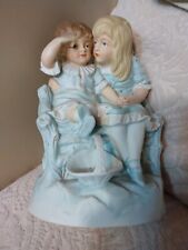 Antique German Bisque Porcelain Heubach Type Figurine Children Hugging Lt Blue picture