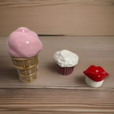 Vintage Set Of 3 Ceramic Trinket Boxes Ice Cream Cupcake Lips Signed picture